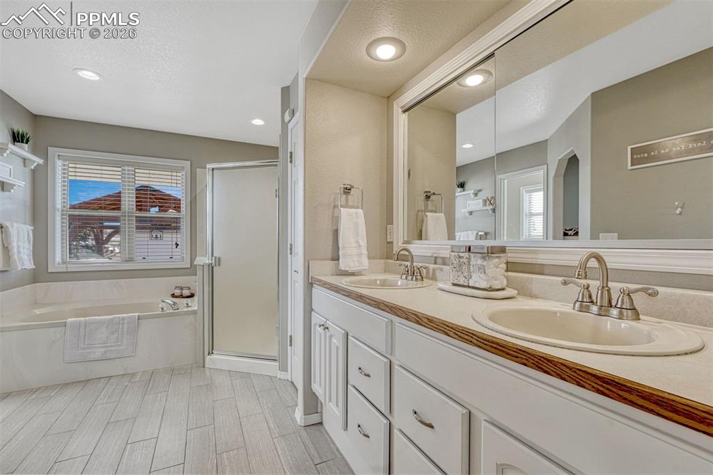 Primary en-suite with double sinks, storage, and walk-in closet