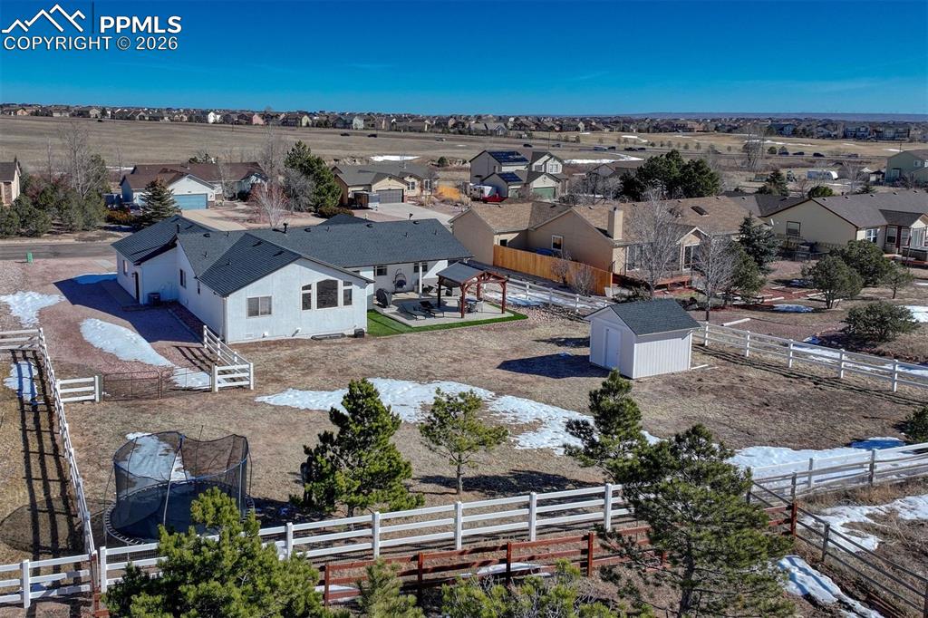 Aerial view showing the spacious back yard & RV/boat storage