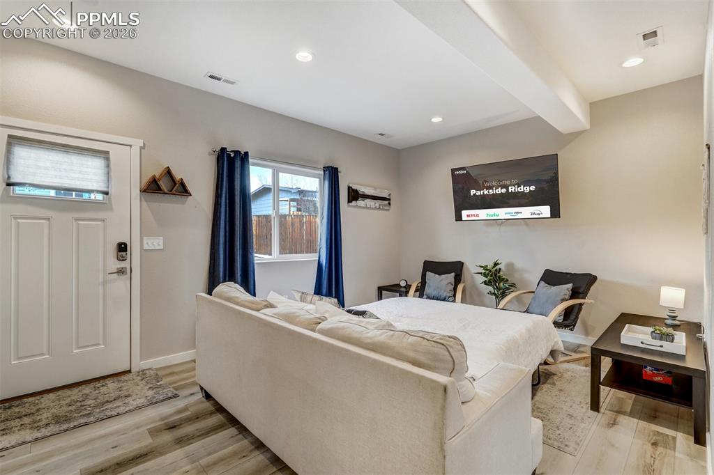 Cottage living room with sofa pullout couch