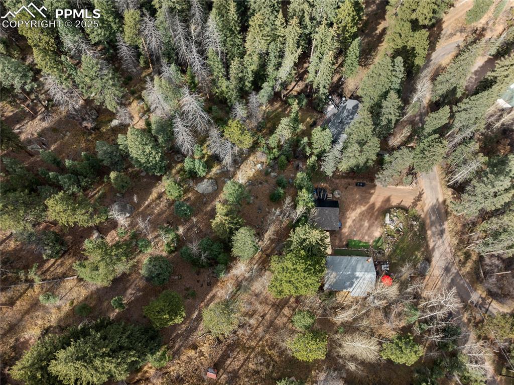 Aerial view of property and surrounding area and mature trees