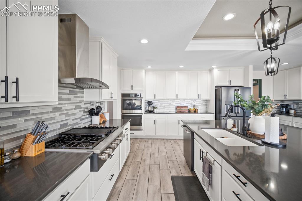 Kitchen with wall chimney exhaust hood, a sink, dark countertops, stainless steel appliances, and decorative backsplash