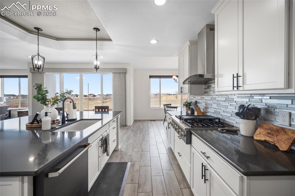 Kitchen with dishwasher, a sink, wall chimney range hood, dark countertops, and backsplash