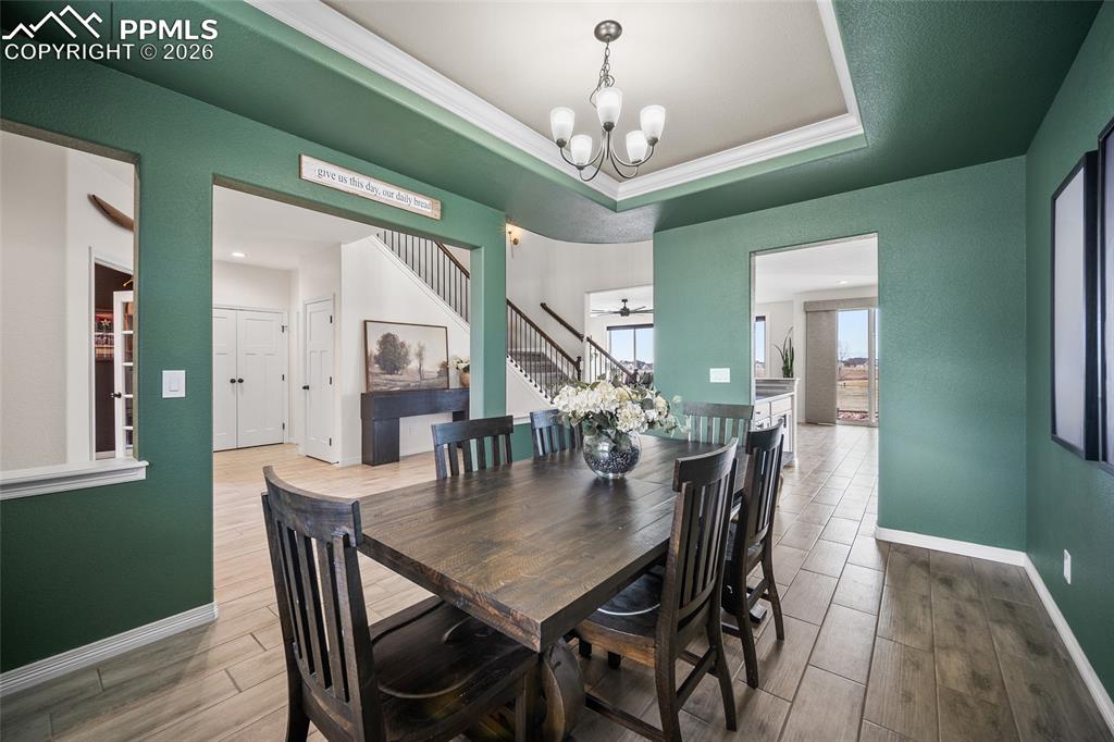 Dining space with tray ceilings 