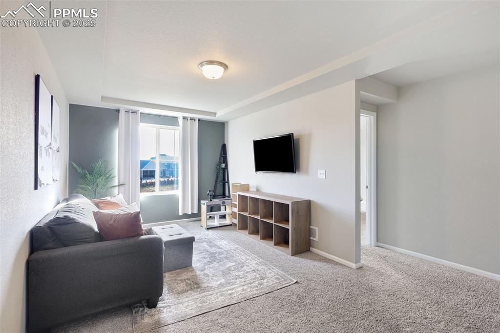 Living area with light colored carpet and baseboards