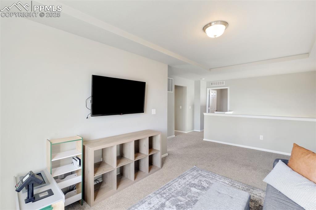 Unfurnished living room featuring carpet floors and a tray ceiling