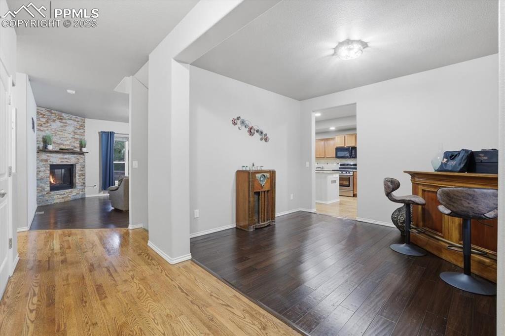 The formal dining room connects to the kitchen. 