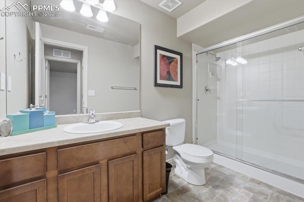 The basement level bath has a large double shower and lots of counter space. 
