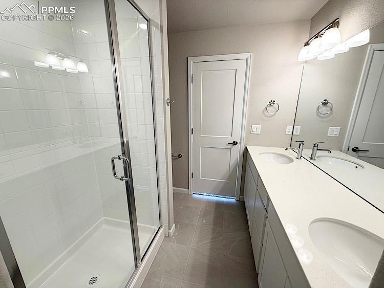 Primary Bathroom with Double Sinks, Large Shower, and Walk-in Closet