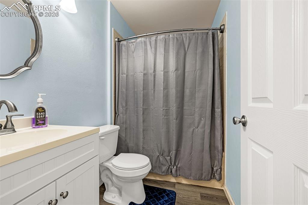 Full bath featuring vanity, wood finished floors, and a shower with shower curtain