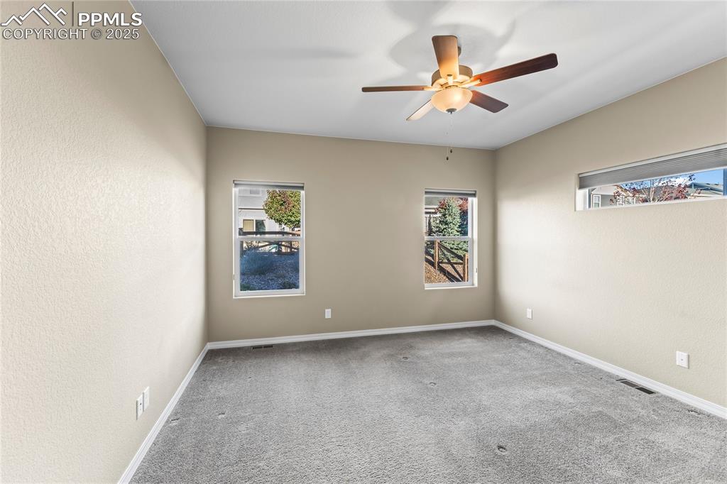 Spare room with plenty of natural light, carpet floors, a textured wall, and a ceiling fan