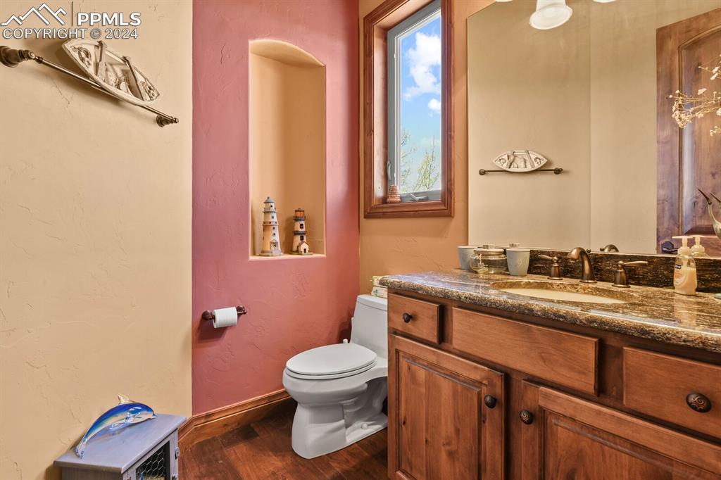 Bathroom with wood-type flooring, vanity, and toilet