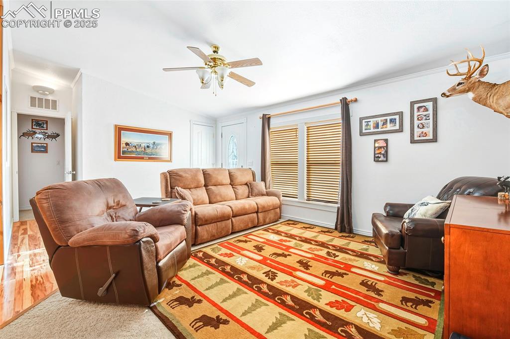 Living Room, Front Entry and Hall to 2nd Master Suite with Large Bathroom and Office