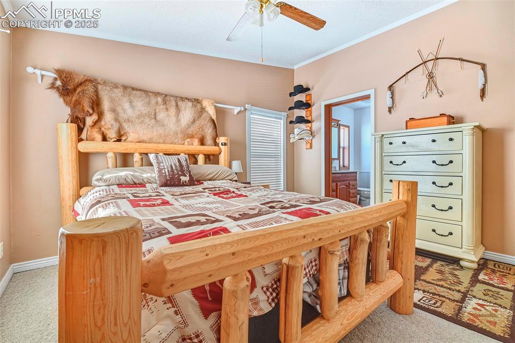 Master Bedroom Off Kitchen with Vaulted Ceilings, Ceiling Fan and Bathroom