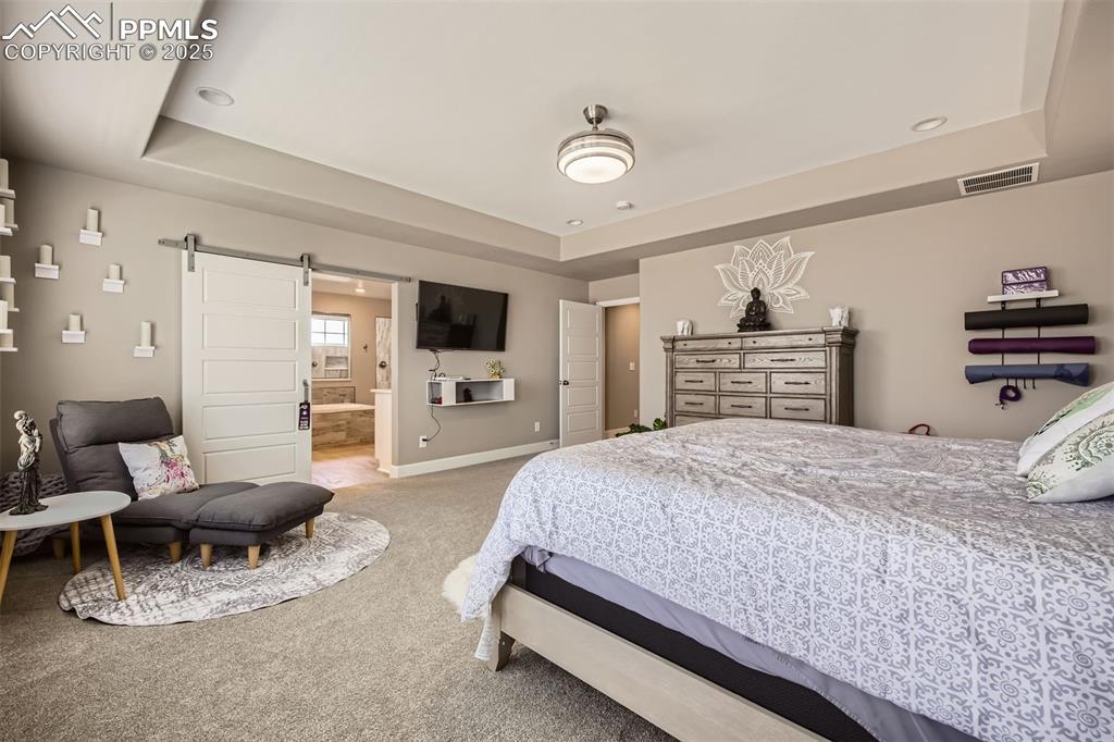 Spacious primary suite has whisper quiet stealth fan/light and tray ceilings with barn door to spa-like bathroom