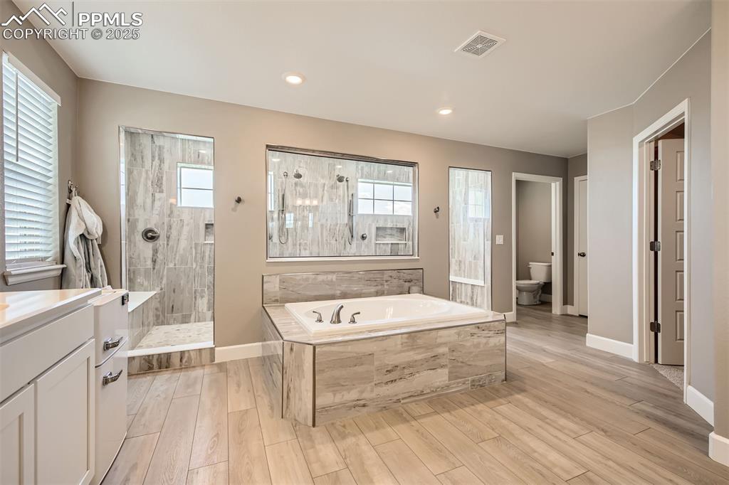 Your dream bathroom!! Multiple showerheads, high-end finishes, and a waterfall fixture plus the soaking tub with ample surround for your candles, wine and books!
