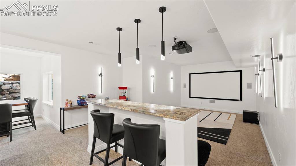 Home theater room featuring light carpet and healthy amount of natural light
