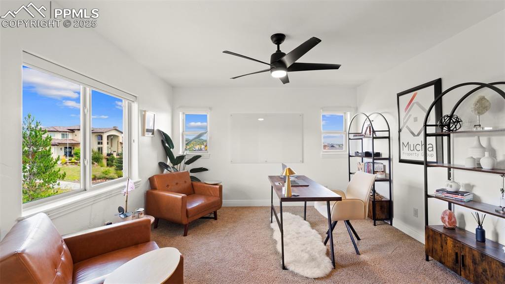 Office area with carpet and ceiling fan