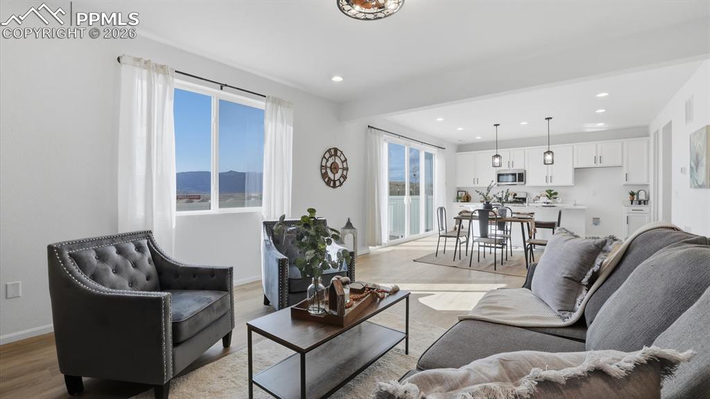View of the Great Room, Dining Area, and Kitchen.
