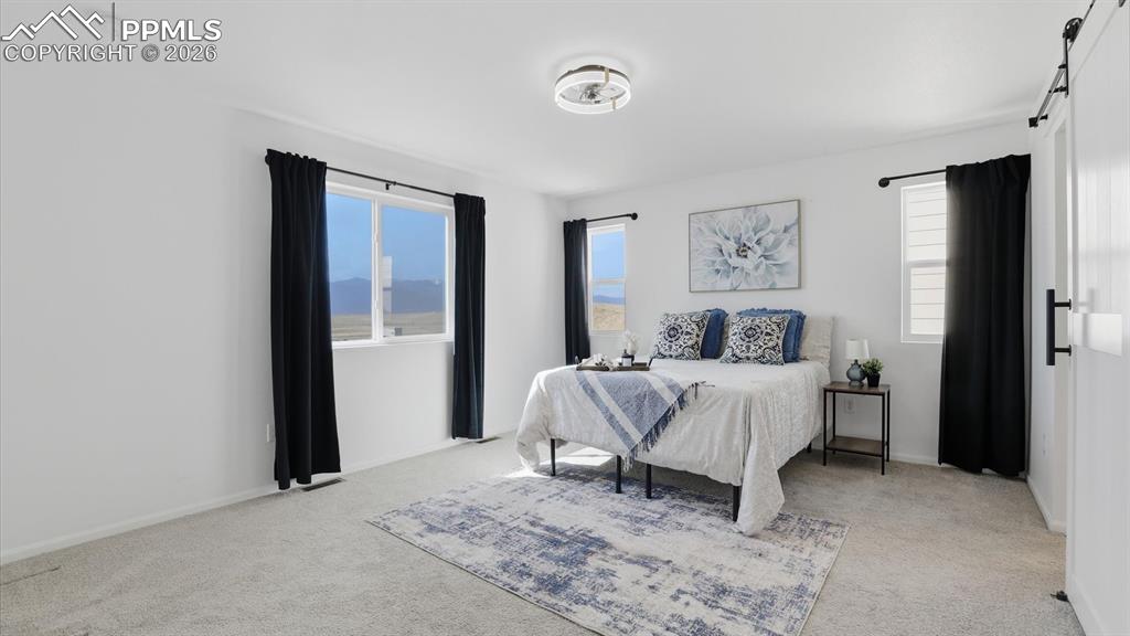 The upper level Primary Retreat has a ceiling fan, neutral carpet, and windows with mountain views.