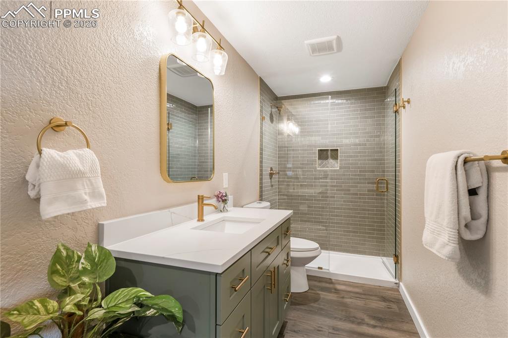 Basement level 3/4 bathroom with large shower