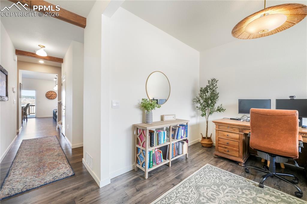 Main level office, views of entry and hallway