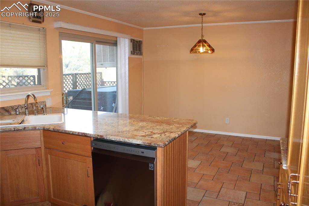 Kitchen looking into dining area. 