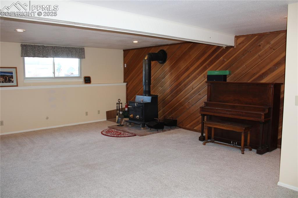 Living area featuring a wood stove, wooden walls, and light carpet