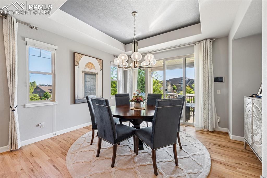 Dining space featuring a tray ceiling, plenty of natural light, a chandelier, and light wood-type flooring