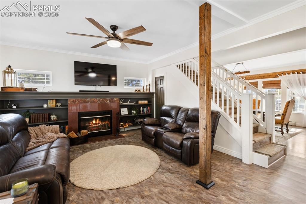 Living room and wood burning fire place
