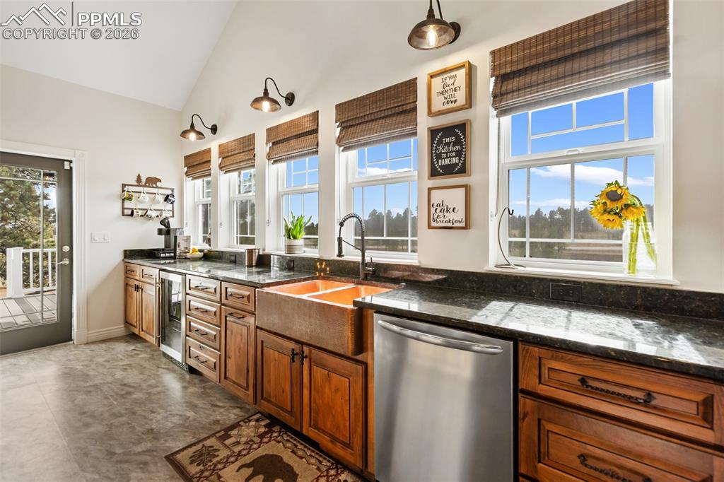 Kitchen, copper sink, beautiful window views of the property