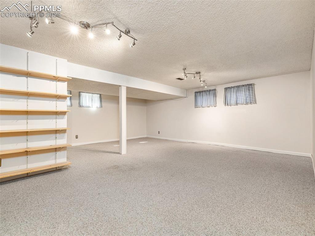 Finished below grade area featuring a textured ceiling, light carpet, and track lighting