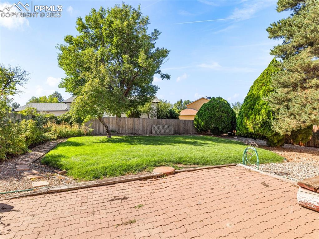 Fenced backyard featuring a patio area