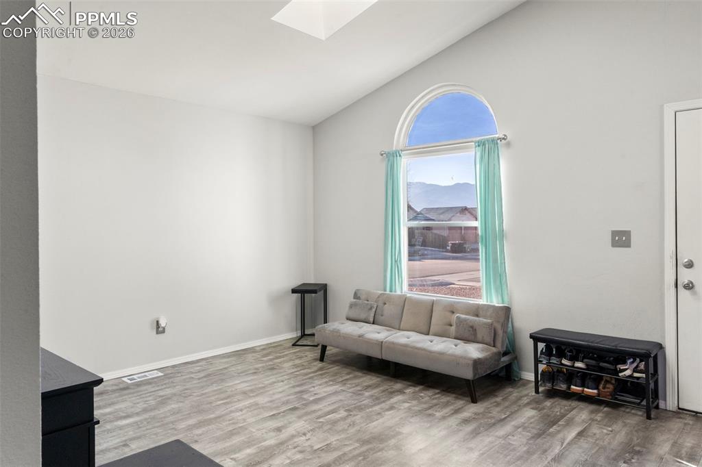 Sitting room featuring a skylight, lofted ceiling, light wood finished floors, and a mountain view