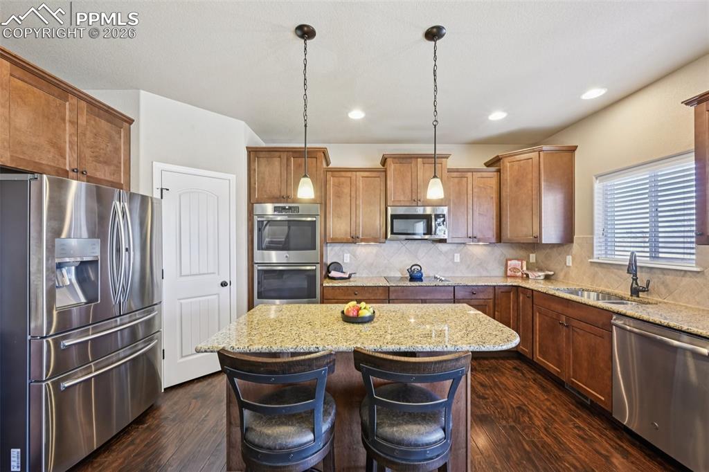 Large corner pantry, double wall ovens