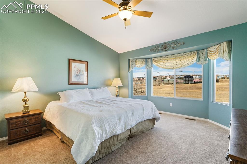 Vaulted ceiling in the primary main level bedroom