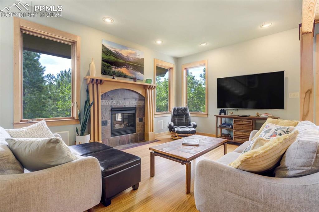 Living room featuring healthy amount of natural light, bamboo floors, a tile fireplace, and recessed lighting