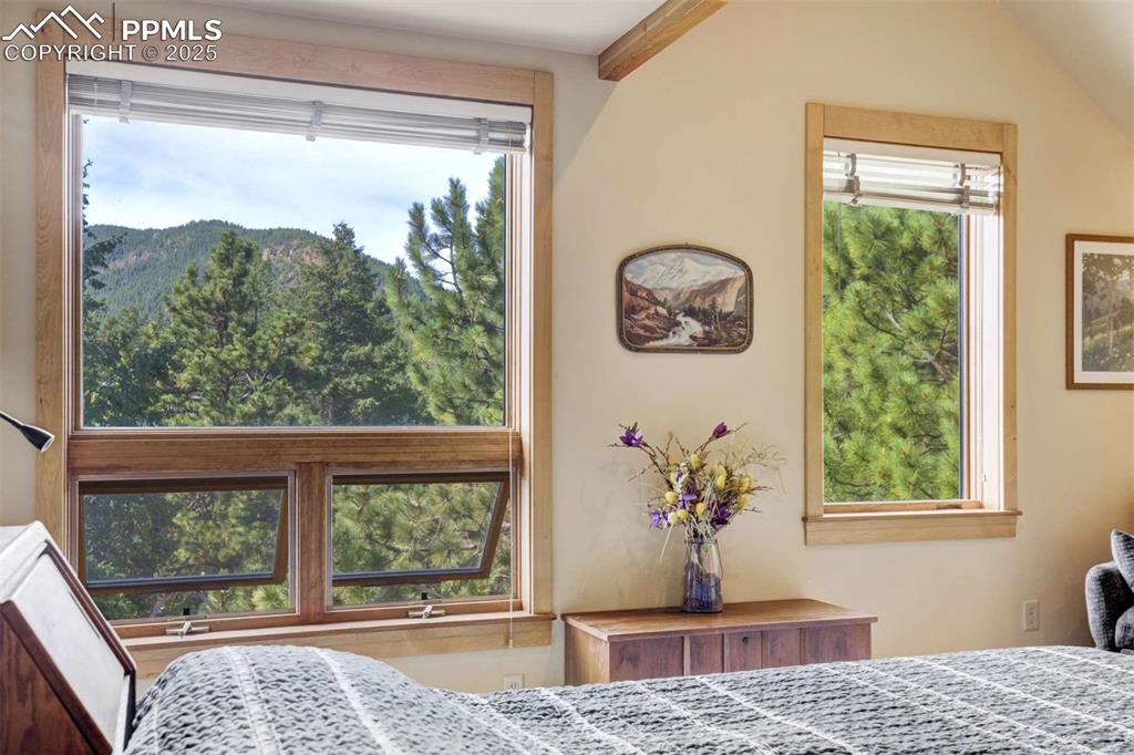 Primary bedroom with multiple windows and a mountain view