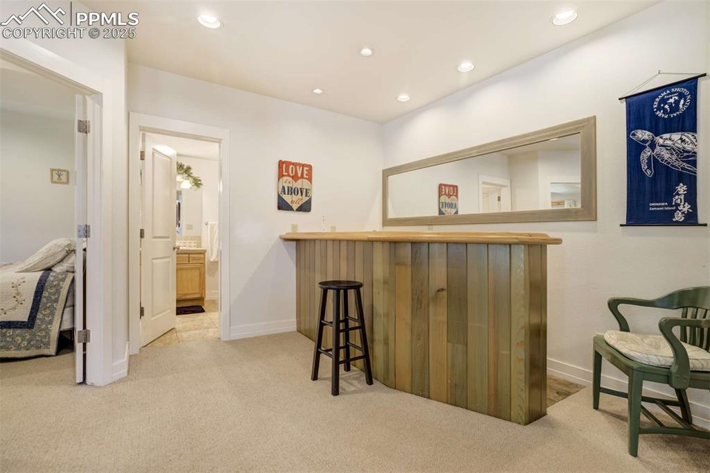 Indoor dry bar featuring carpet flooring and recessed lighting