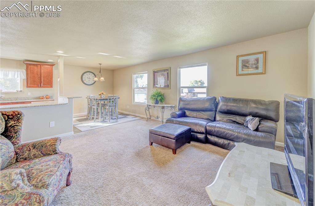Living room featuring light carpet, natural light pouring in, and a textured ceiling