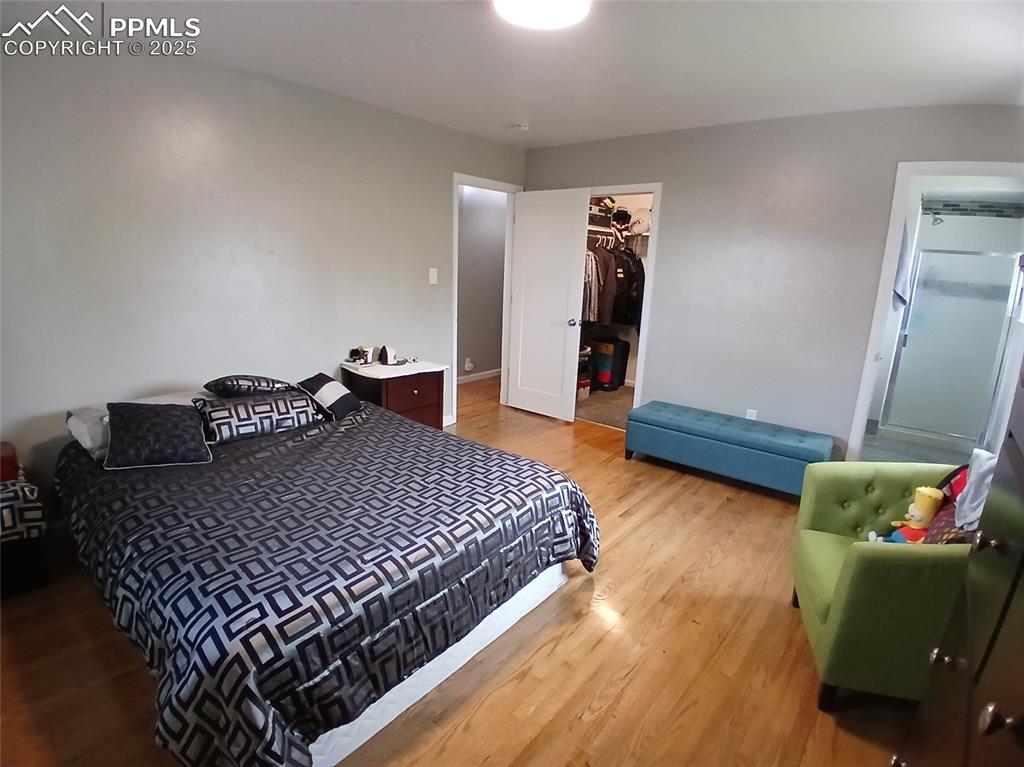 Bedroom with a walk in closet, a closet, and hardwood / wood-style floors