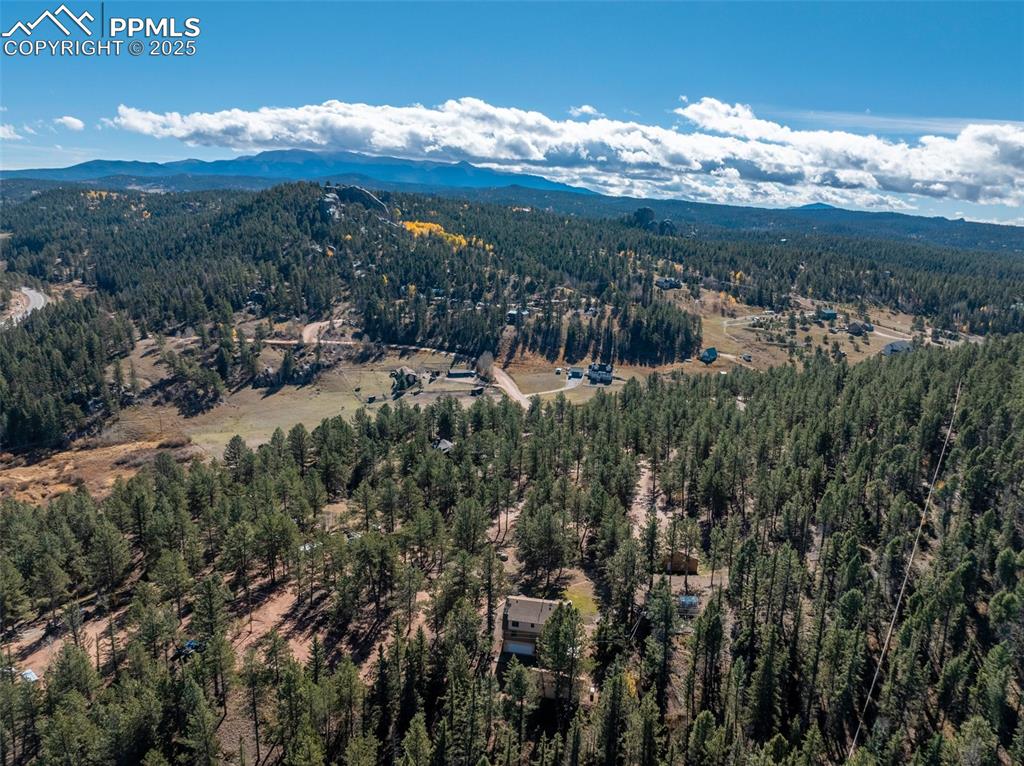Drone / aerial view of a mountainous background and a heavily wooded area