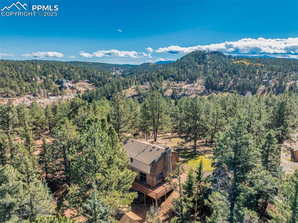 View from above of property with a heavily wooded area and a mountain backdrop