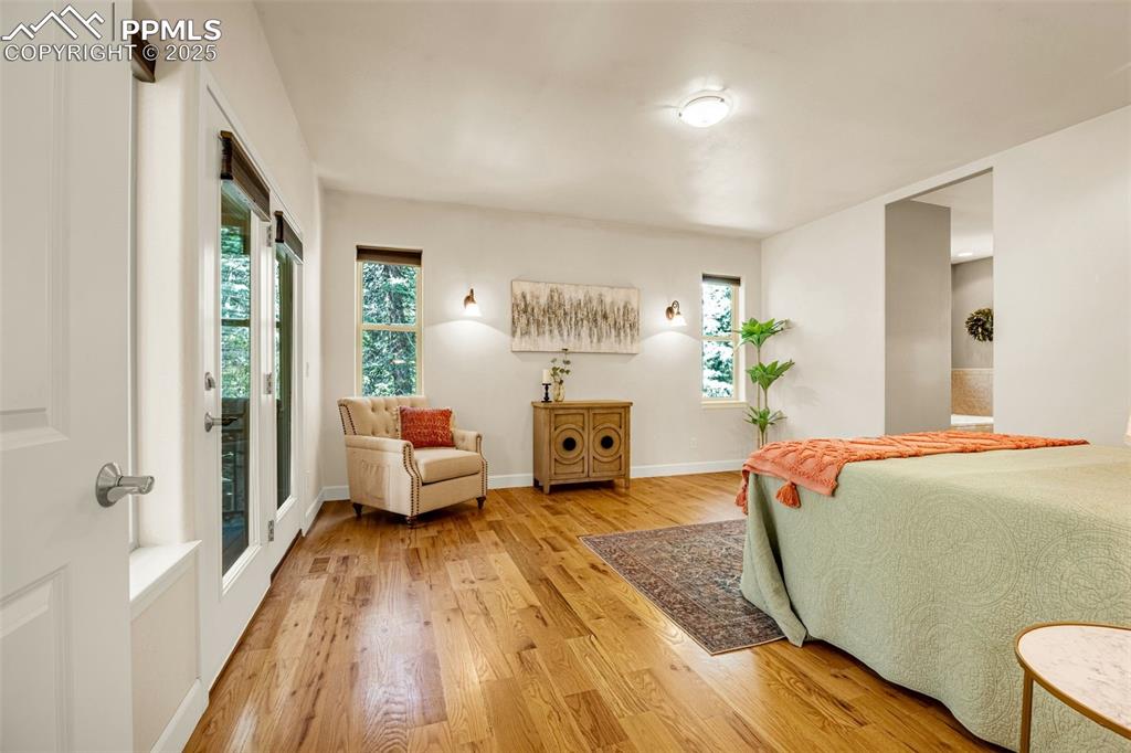Bedroom featuring light wood-style flooring, multiple windows, baseboards, and access to exterior