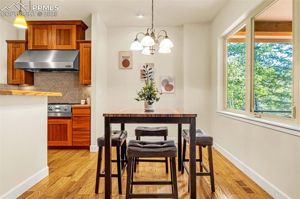 Dining area featuring light wood-style flooring, plenty of natural light, and a chandelier