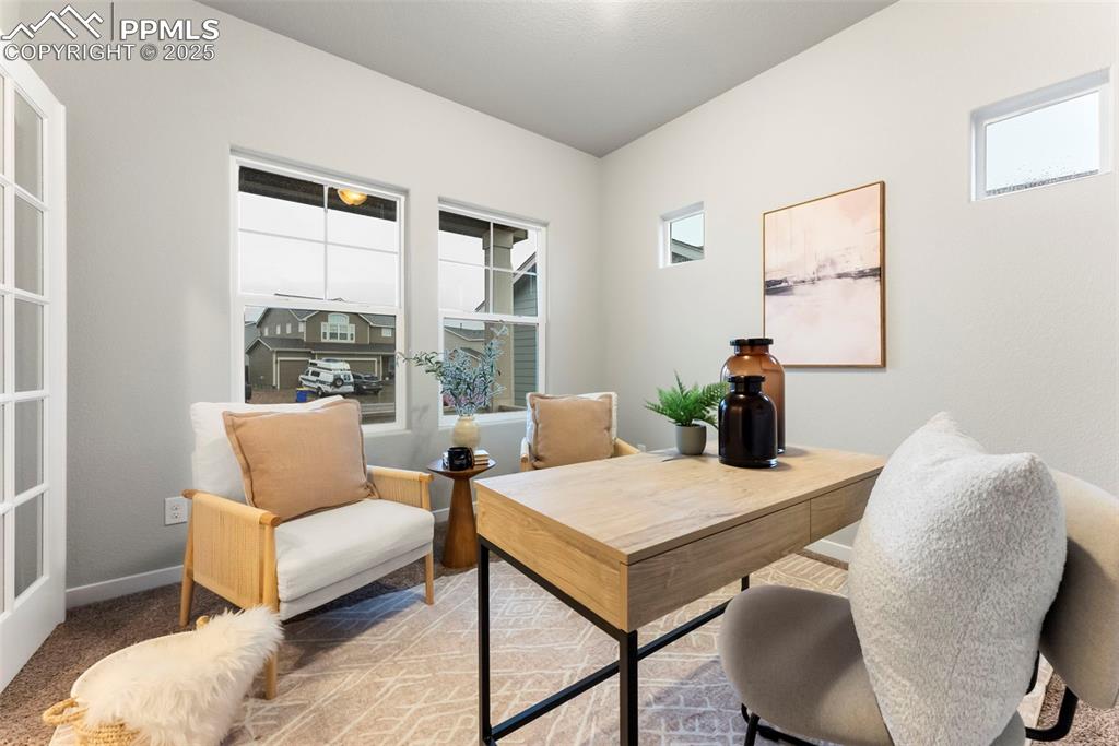 Office space featuring carpet floors and baseboards
