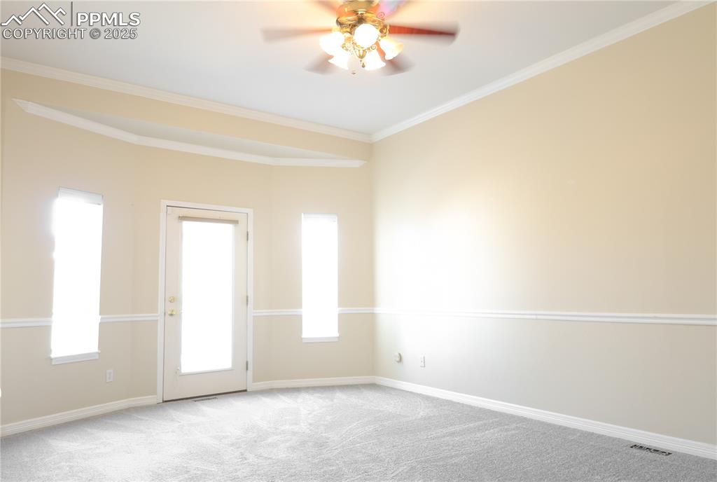 Carpeted spare room featuring crown molding and a ceiling fan