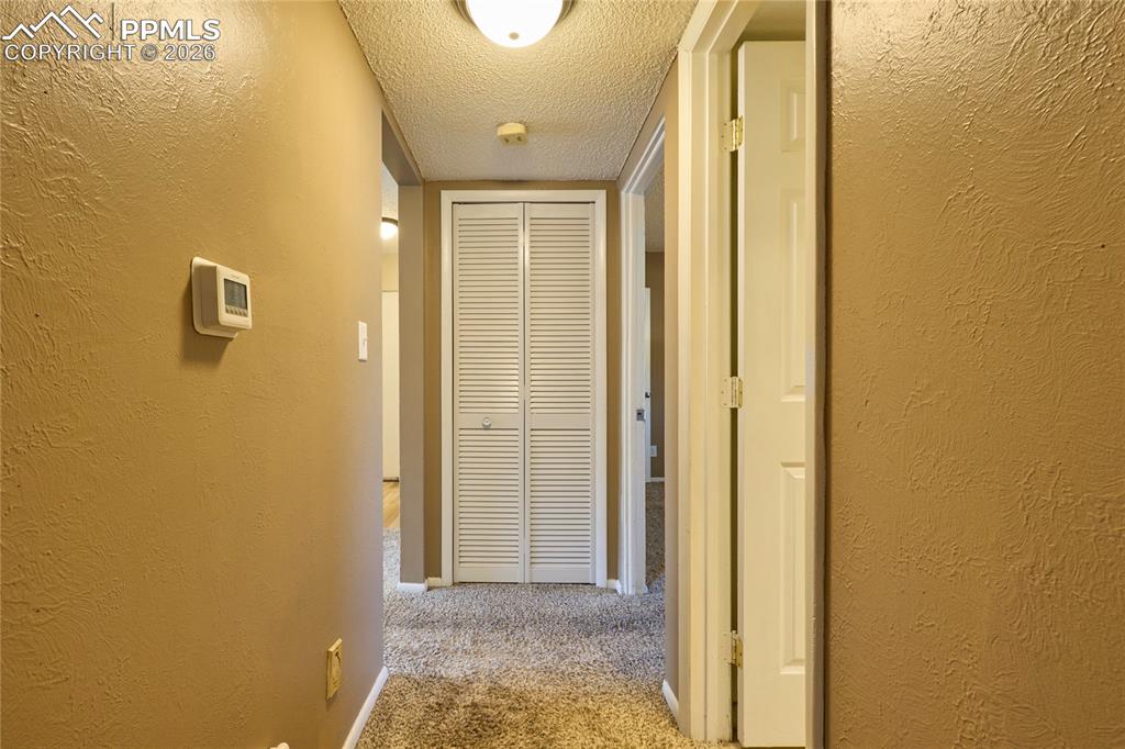 Hallway with carpet floors, a textured wall