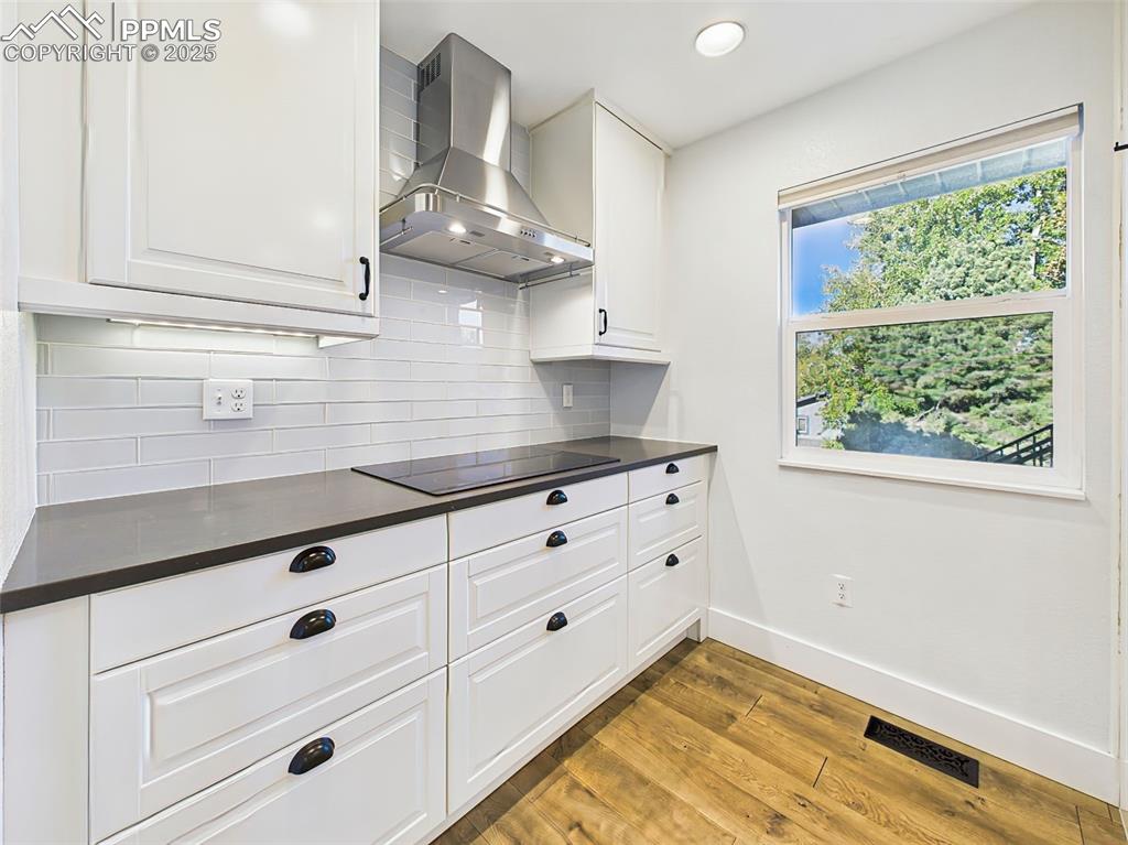 Modern cooktop area with stainless steel hood, glass subway tile backsplash, and abundant storage in shaker-style cabinetry.