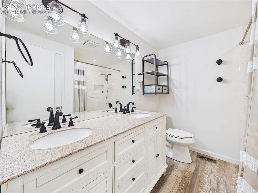 Bright and functional bathroom featuring a dual-sink vanity with granite countertop, industrial-style lighting, and wood-look tile flooring.