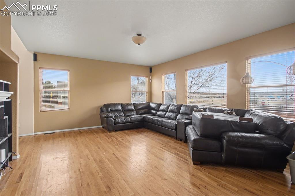 Living room with light wood-type flooring, a fireplace, and a textured ceiling